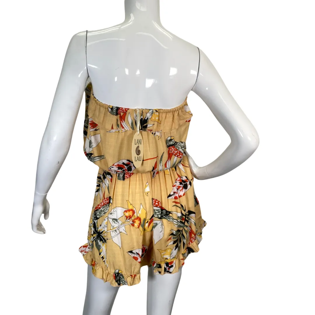 Lani Lau Hawaii Bird Ruffle Gold Romper