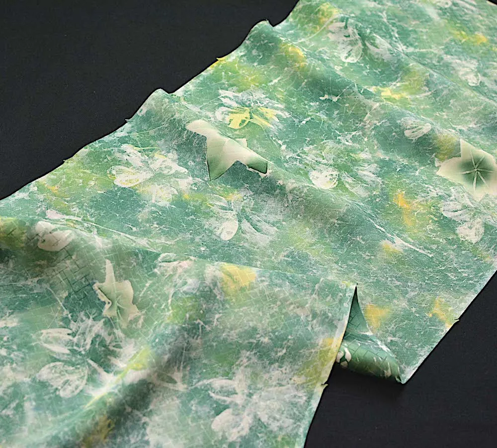 Last Piece, Abstract Turquoise Green Crystal Leaves, Vintage Kimono Silk from Japan, 13" x 63"   #4334