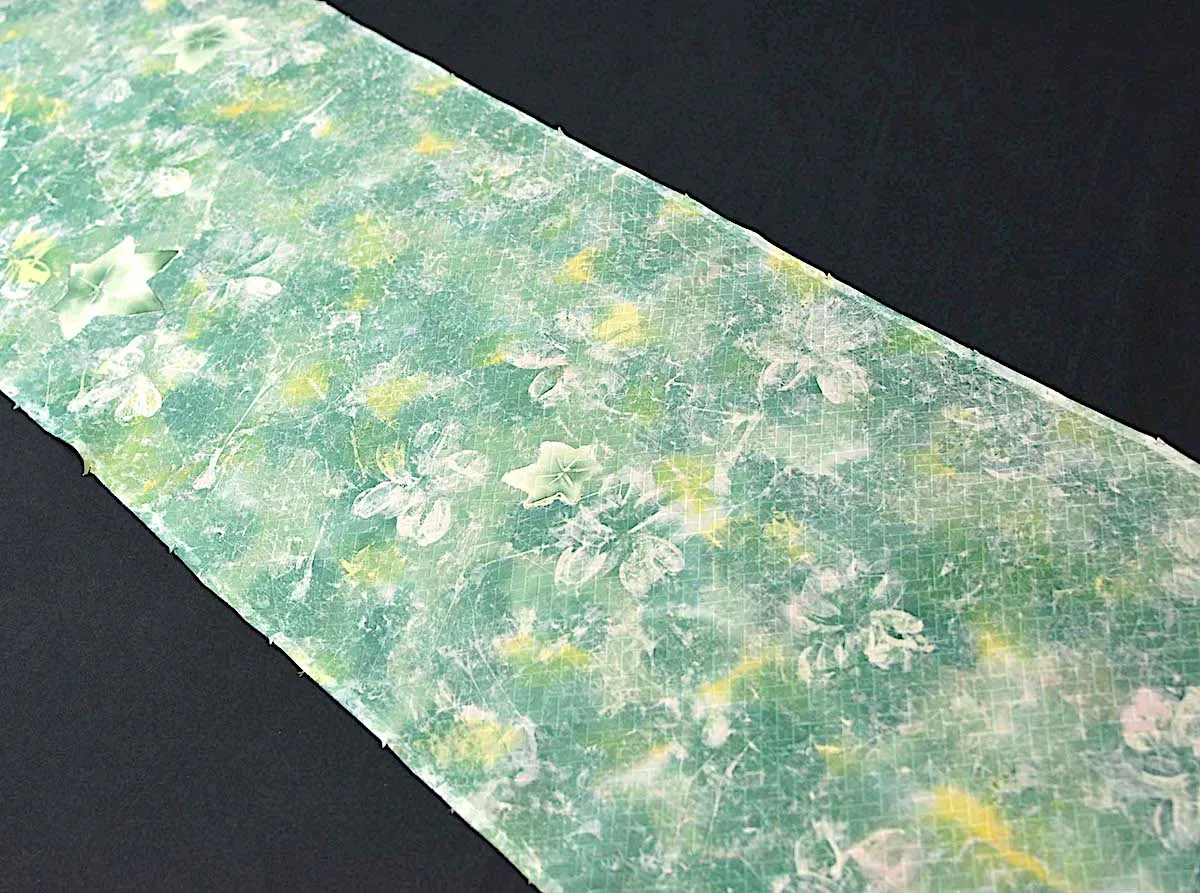 Last Piece, Abstract Turquoise Green Crystal Leaves, Vintage Kimono Silk from Japan, 13" x 63"   #4334