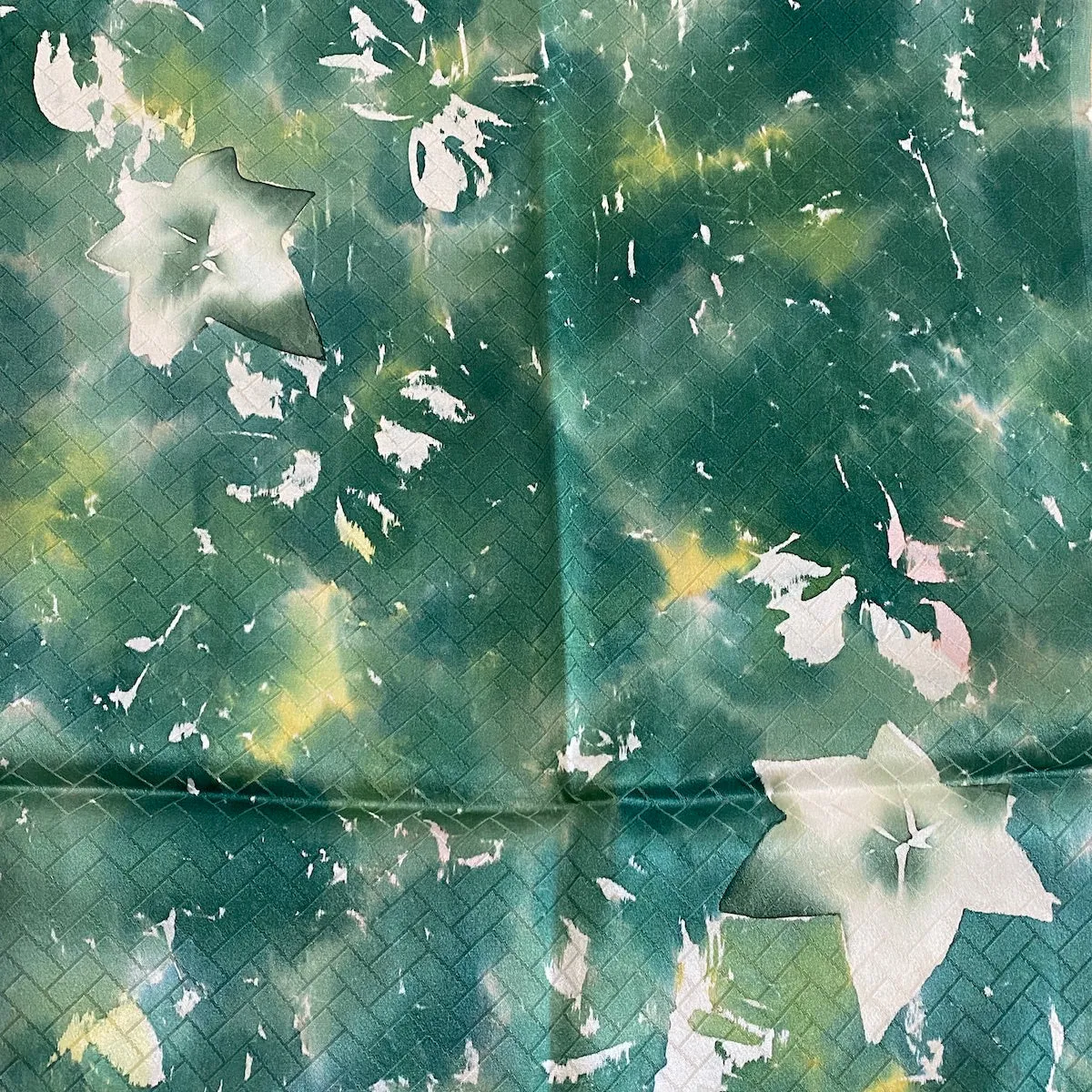 Last Piece, Abstract Turquoise Green Crystal Leaves, Vintage Kimono Silk from Japan, 13" x 63"   #4334