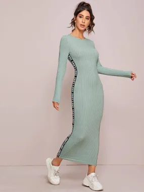 Letter Tape Side Rib-knit Pencil Dress