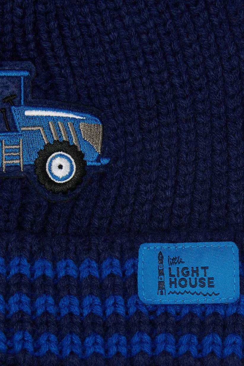 Lighthouse Kids Bobble Hat Tractors & Stripes Blue