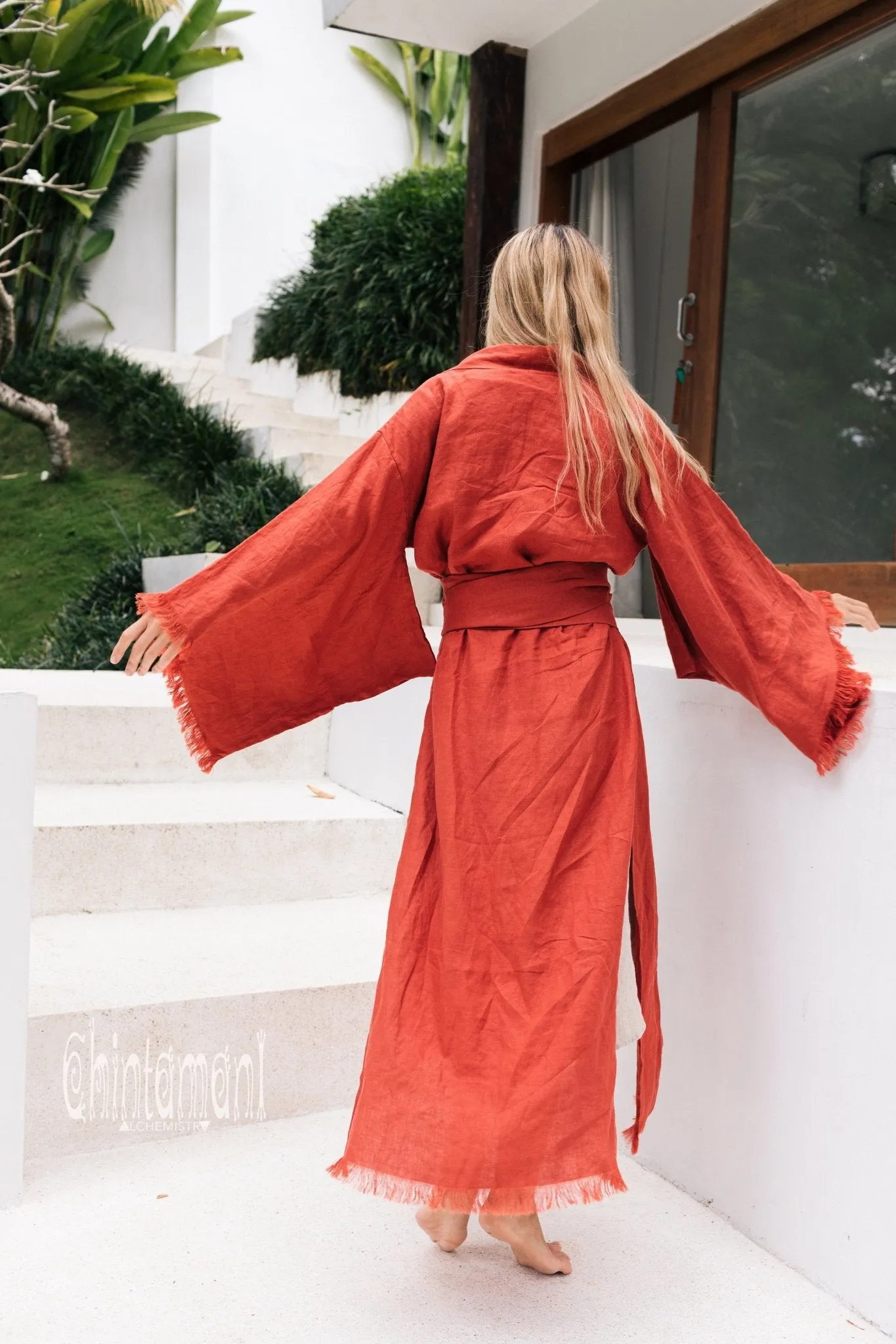 Long Linen Japanese Kimono Robe / Cardigan for Women / Red Ochre