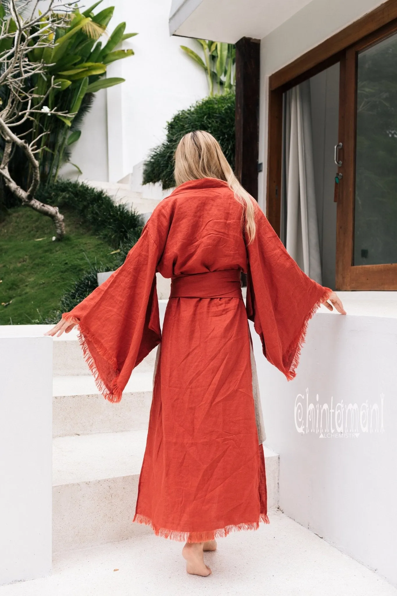 Long Linen Japanese Kimono Robe / Cardigan for Women / Red Ochre