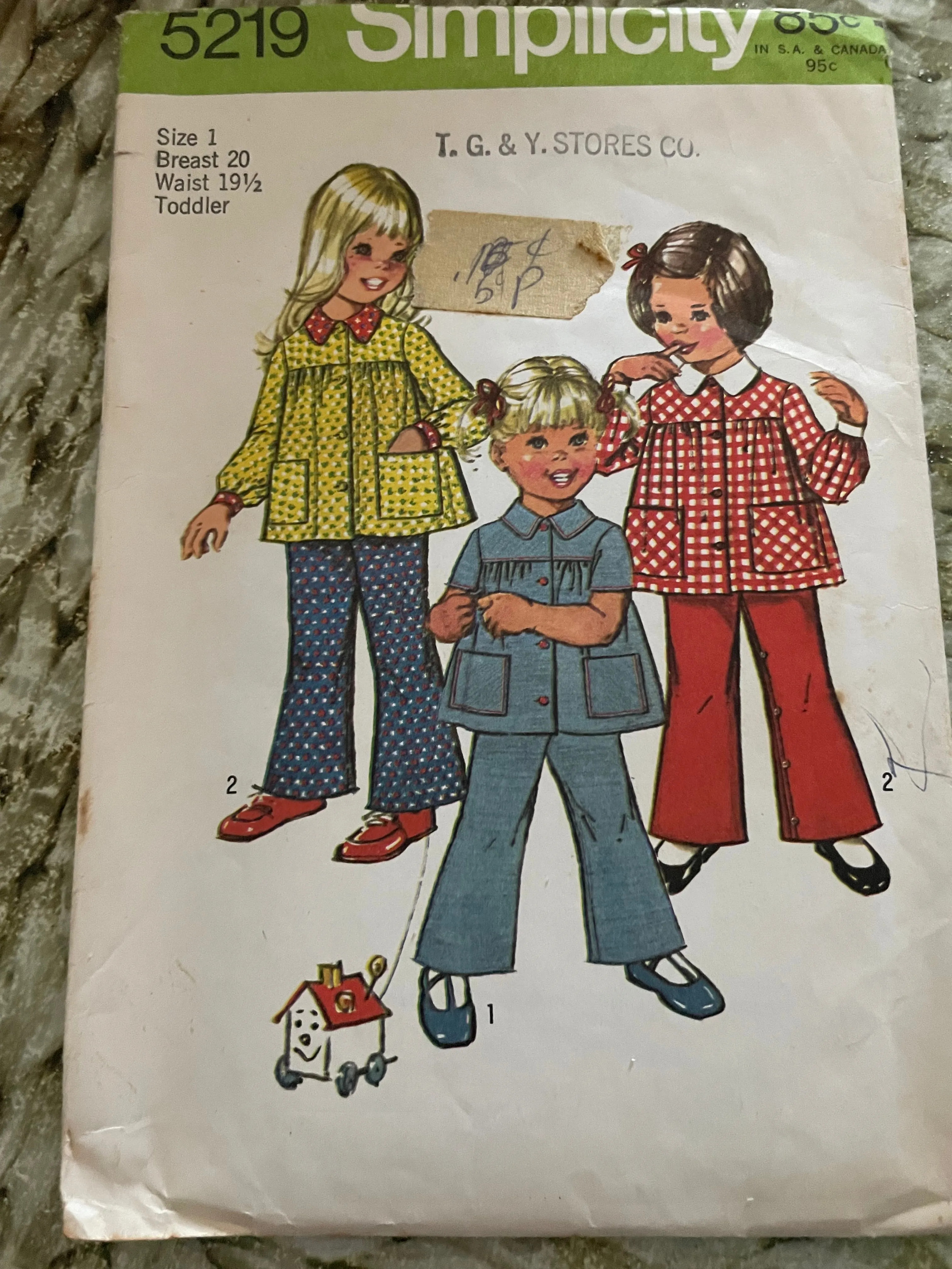 <€€ Set/3 Vintage Girls Size 1 Toddler Smock Dress Pants Romper Patterns 1960s 1970s