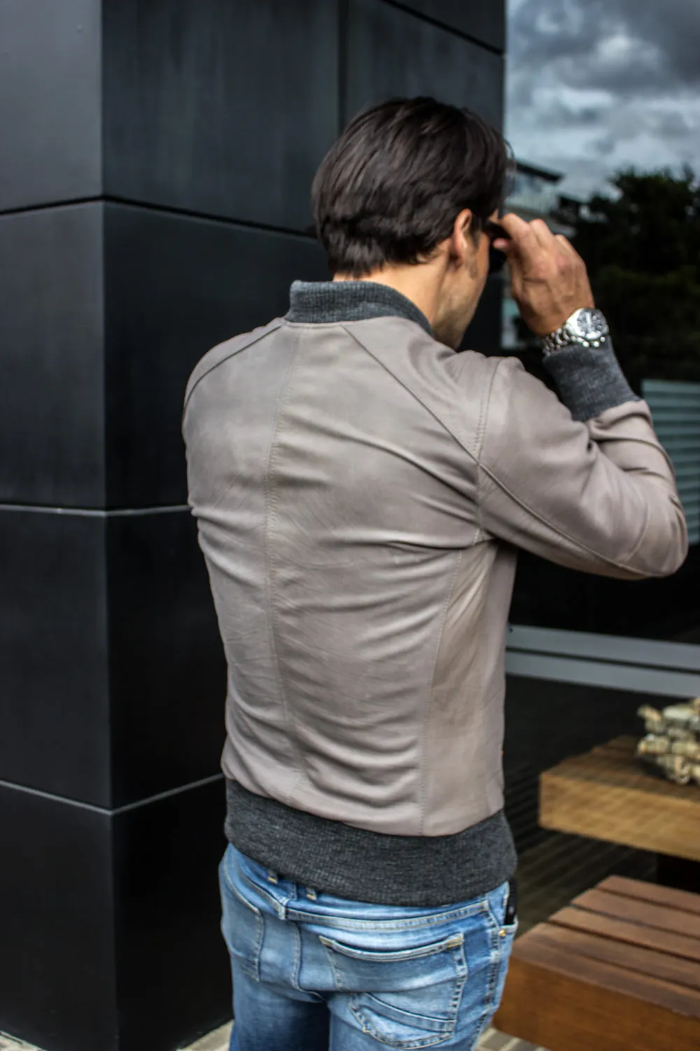 LUXUS HI-TECH lightweight Bomber Jacket in Calfskin Leather - Gray