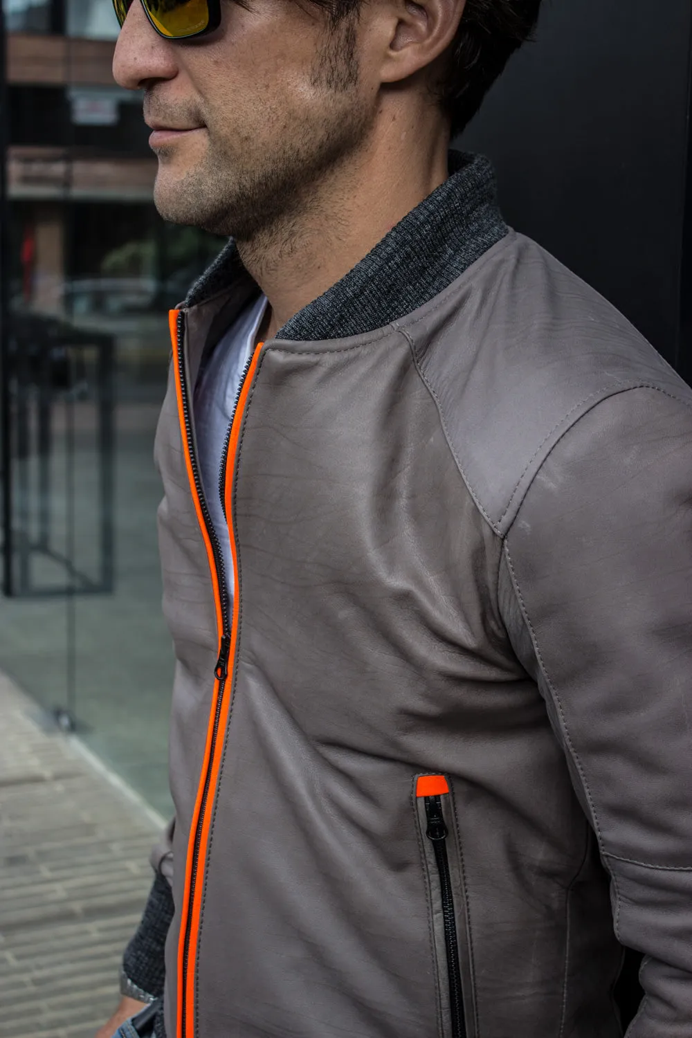 LUXUS HI-TECH lightweight Bomber Jacket in Calfskin Leather - Gray