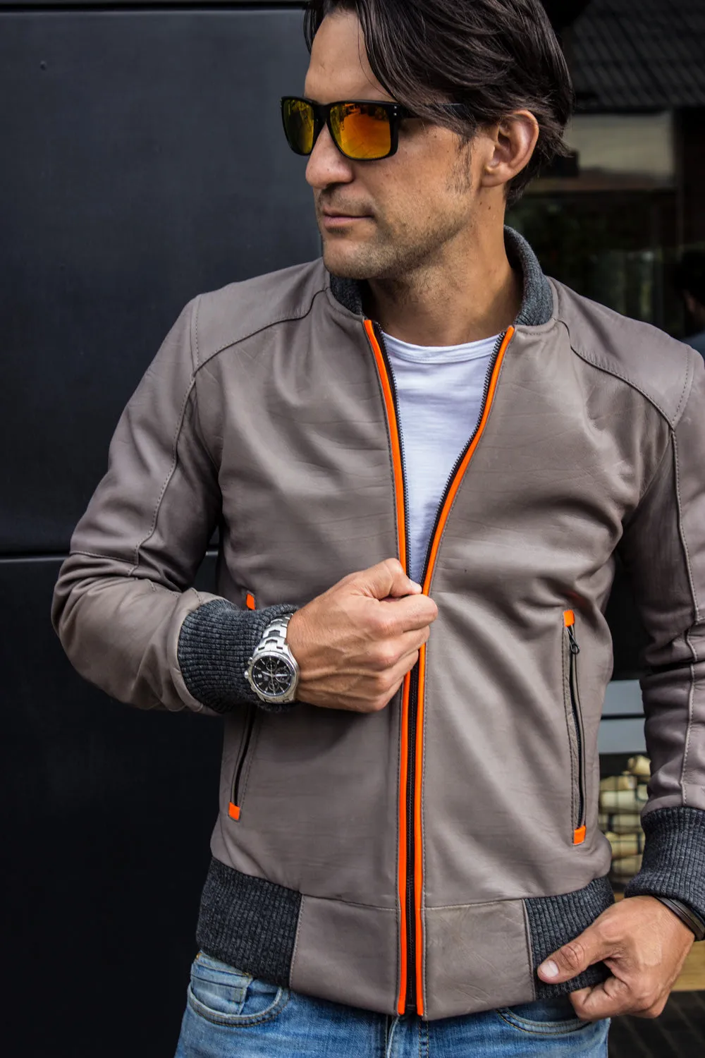 LUXUS HI-TECH lightweight Bomber Jacket in Calfskin Leather - Gray