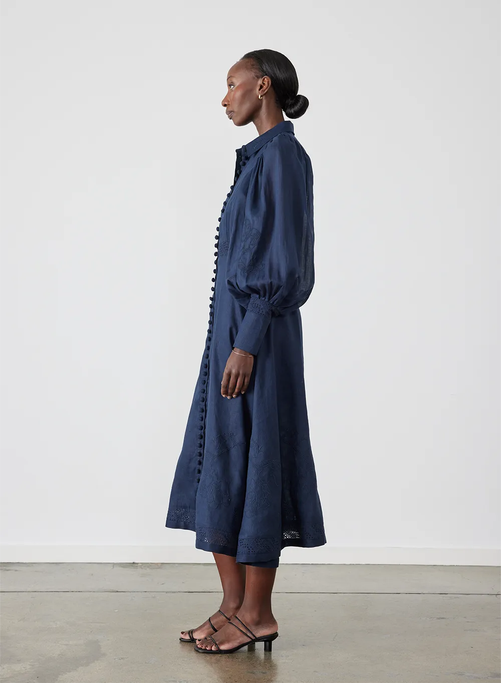 Martina Linen Embroidery Midi Shirt Dress | Navy