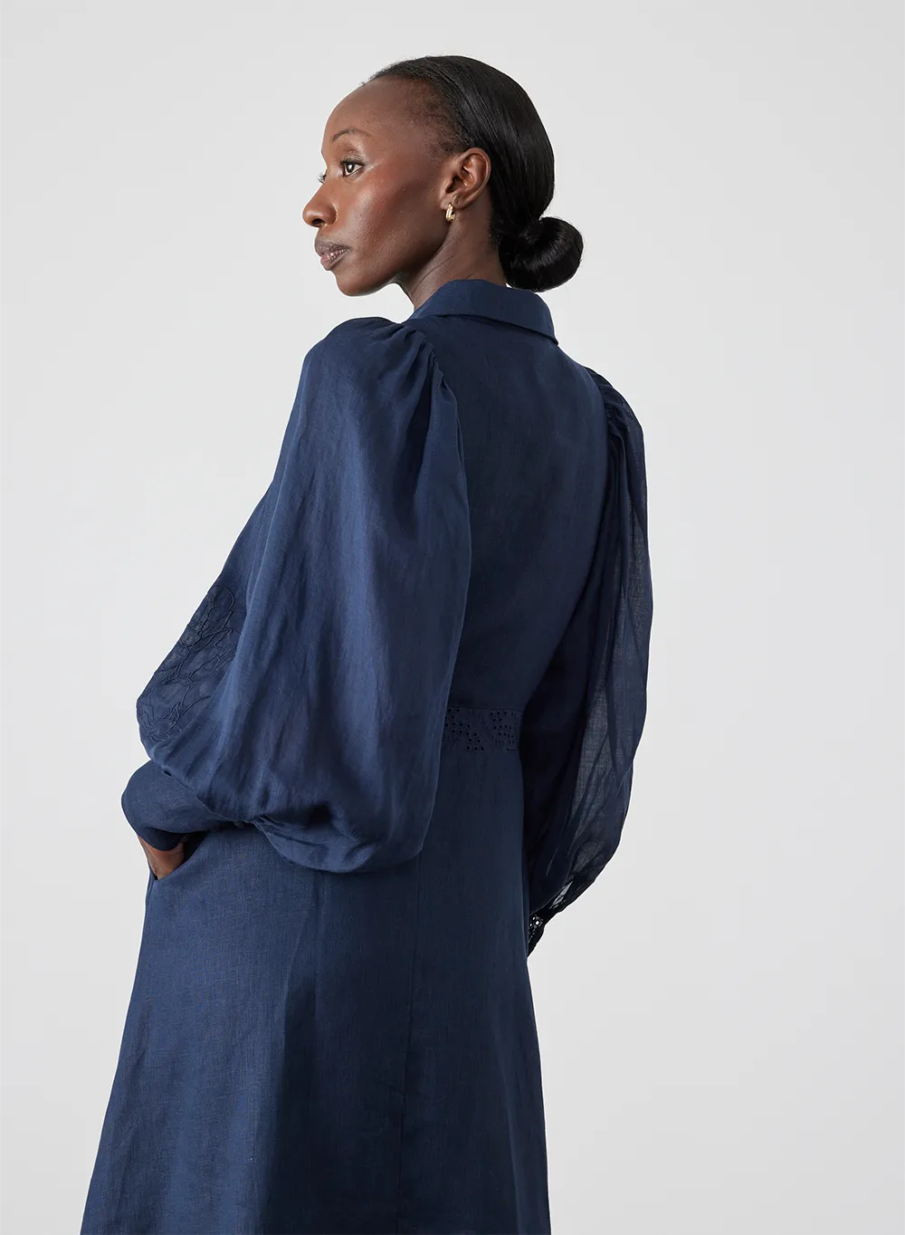 Martina Linen Embroidery Midi Shirt Dress | Navy