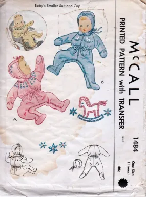 McCall 1484 Vintage 1940's Sewing Pattern Baby Toddler Romper Stroller Suit Cap Adorable