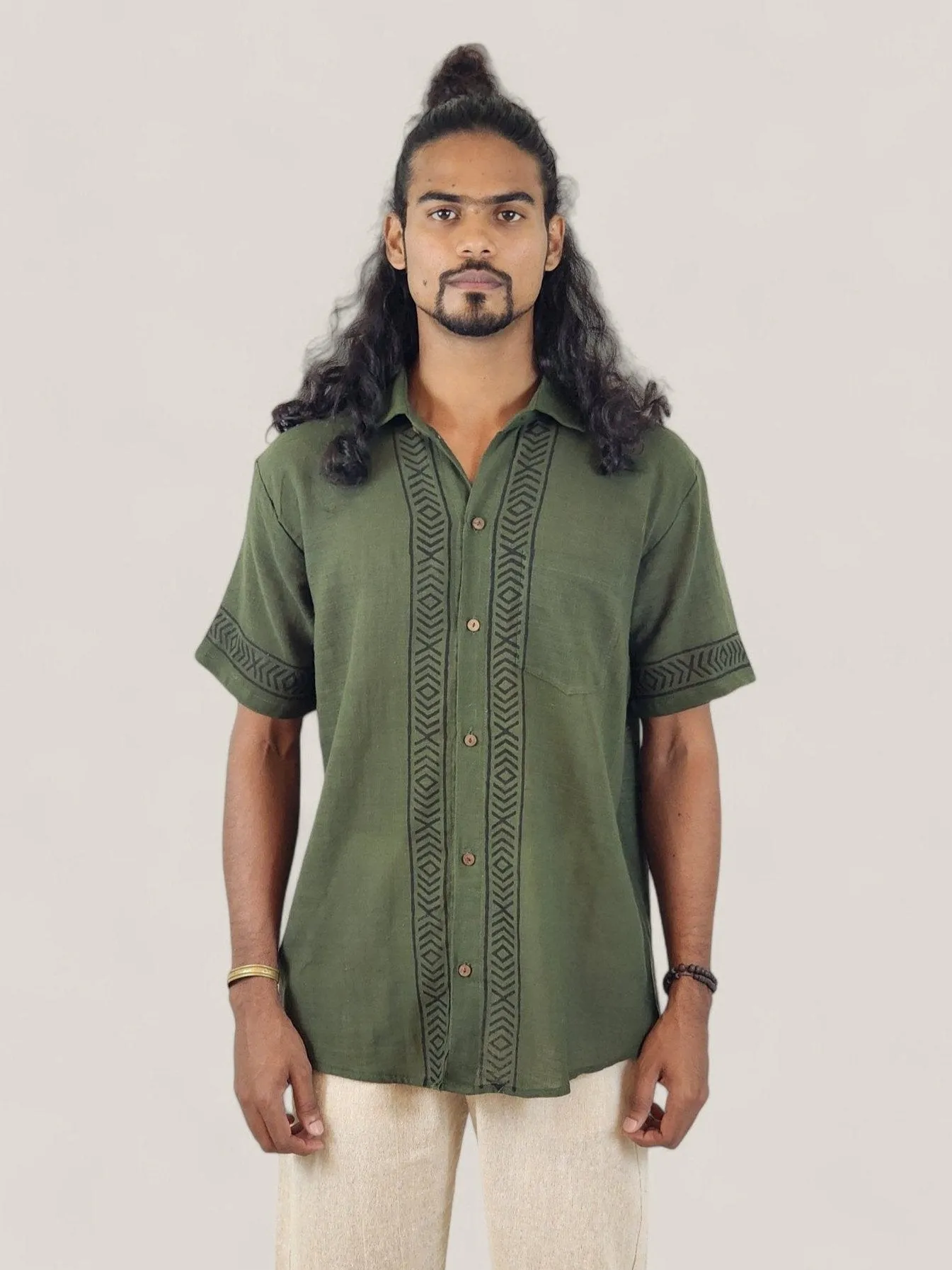 Men's Green Organic Linen Short Sleeve Block-Printed Button-Down Shirt