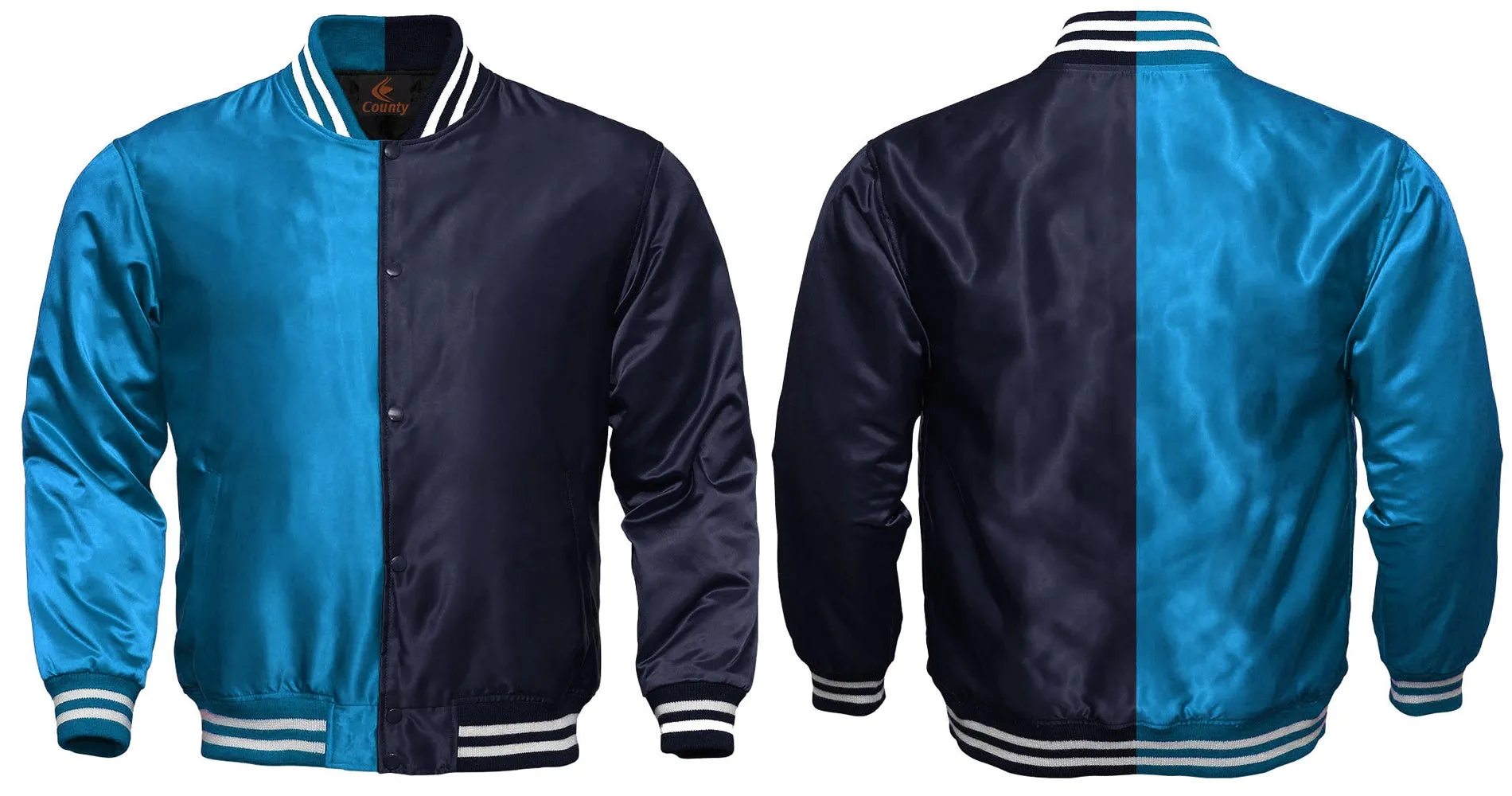 Mens Letterman Jacket Turquoise Navy Blue Satin Jacket Team Varsity Jackets