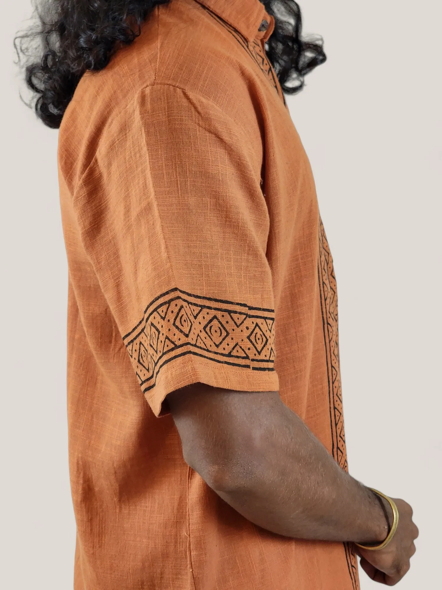 Men's Orange Organic Linen Short Sleeve Block-Printed Button-Down Shirt