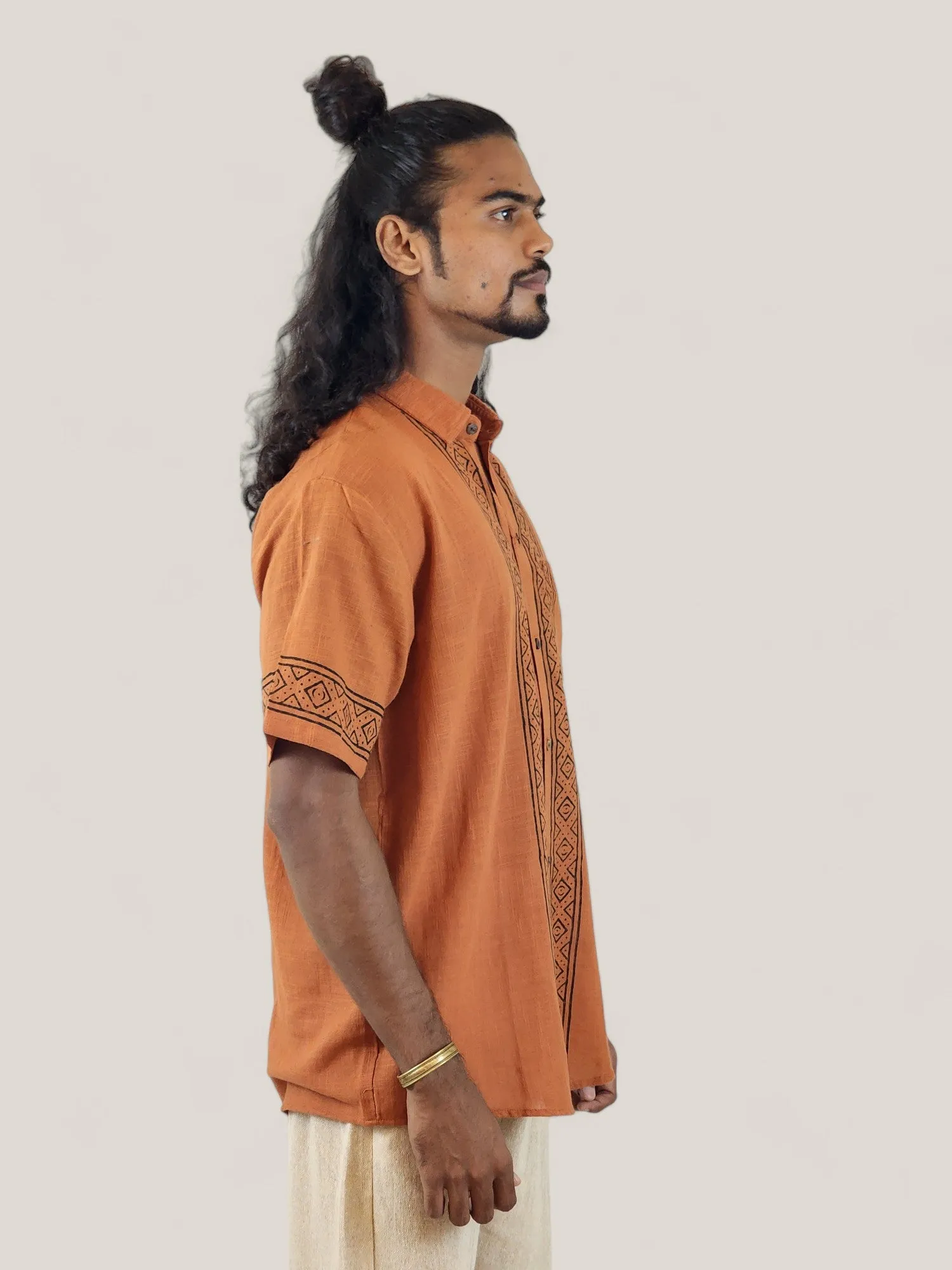 Men's Orange Organic Linen Short Sleeve Block-Printed Button-Down Shirt