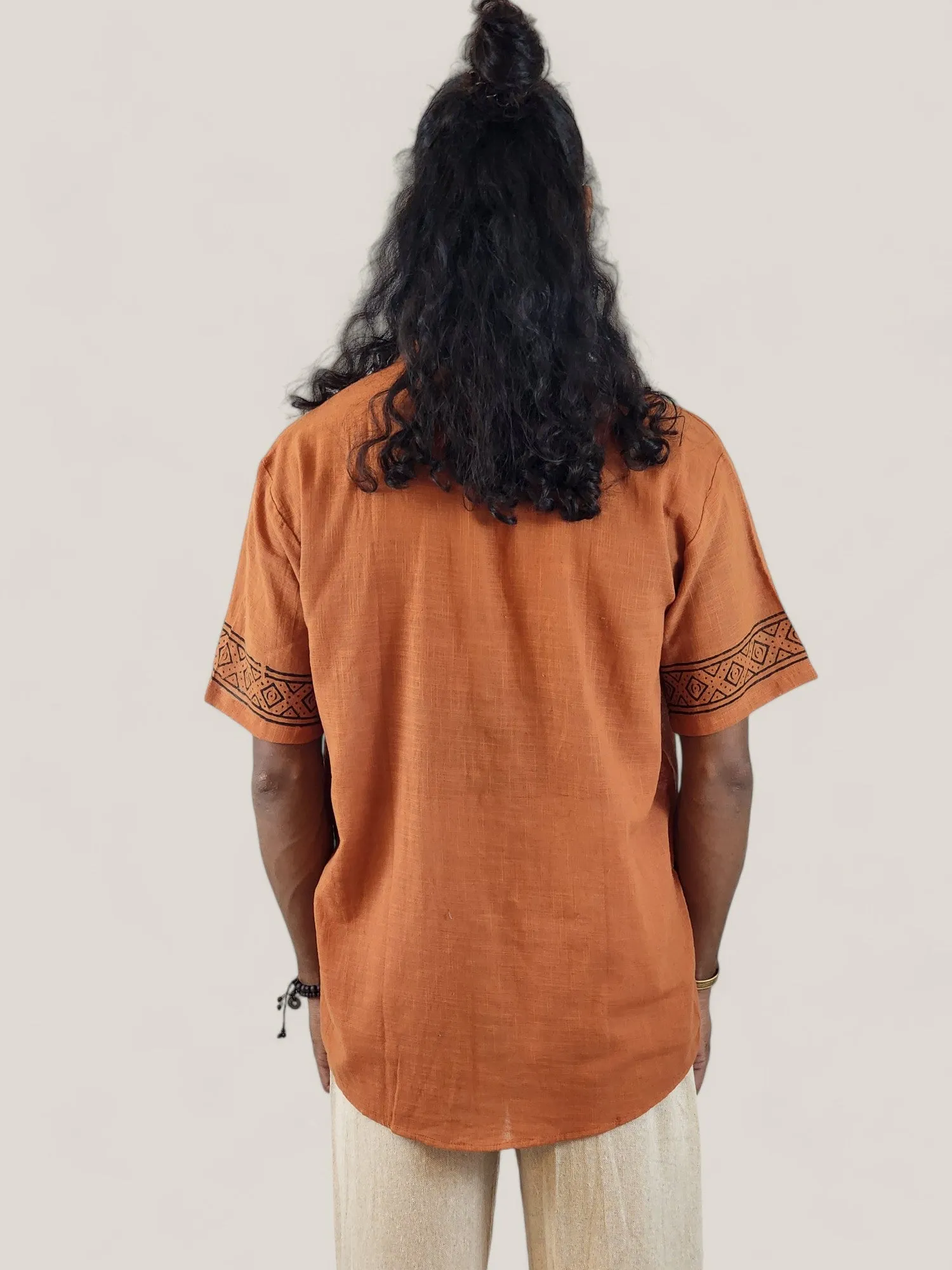 Men's Orange Organic Linen Short Sleeve Block-Printed Button-Down Shirt