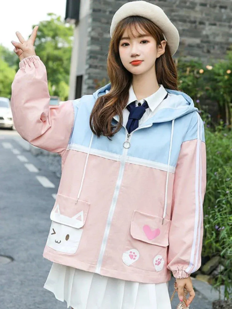 Metaversmall Women Zipper Hooded Jackets Coat Cartoon Print Pure Pocket Jacket Korean Style Ladies Basic Outwears Autumn Winter Clothes