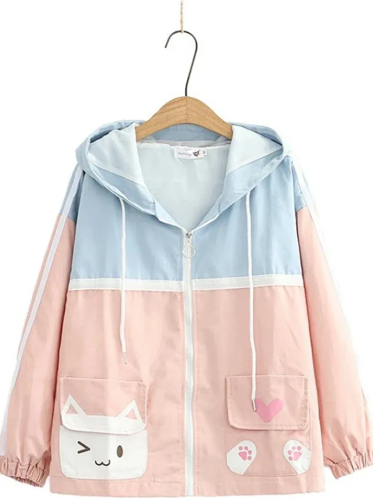 Metaversmall Women Zipper Hooded Jackets Coat Cartoon Print Pure Pocket Jacket Korean Style Ladies Basic Outwears Autumn Winter Clothes