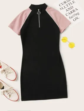 Mock Neck Contrast Raglan Sleeve Half Zipper Placket Dress