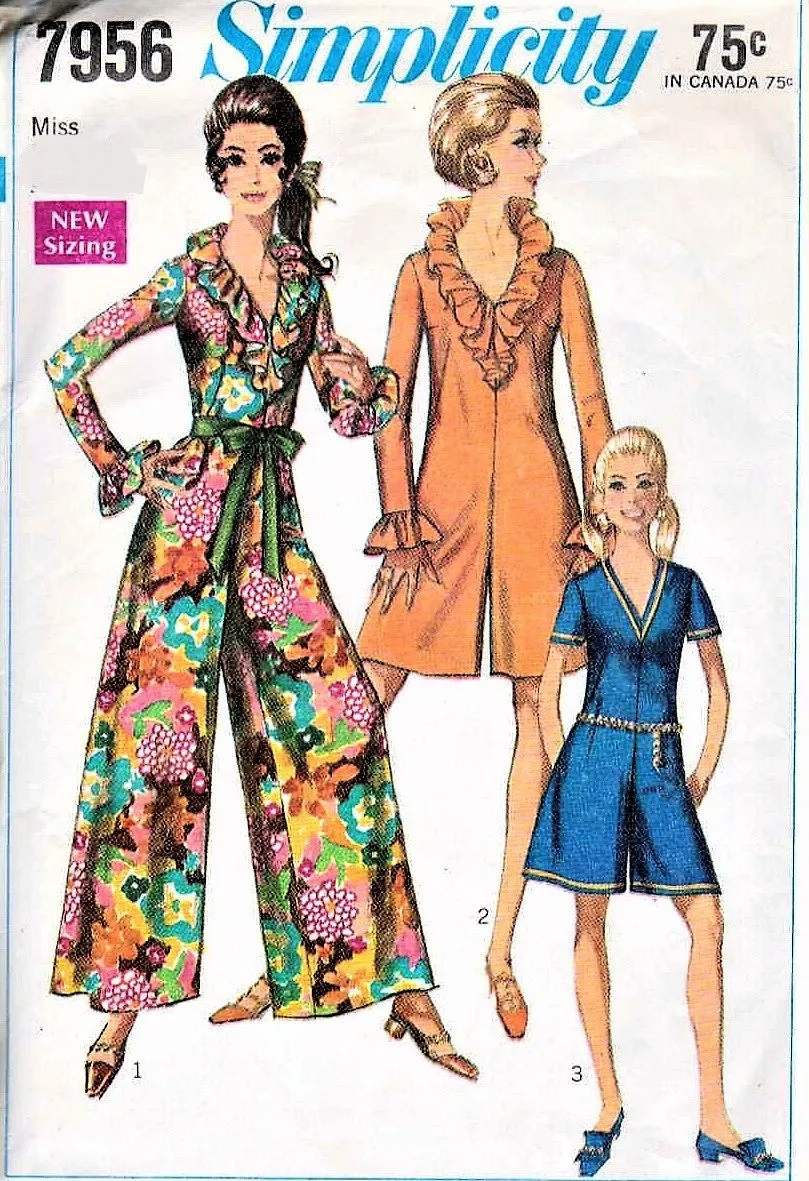 MOD Simplicity 7956 Pattern Palazzo Jumpsuit PantDress Ruffled V Neck Romper Bust 36 Vintage Sewing Pattern UNCUT