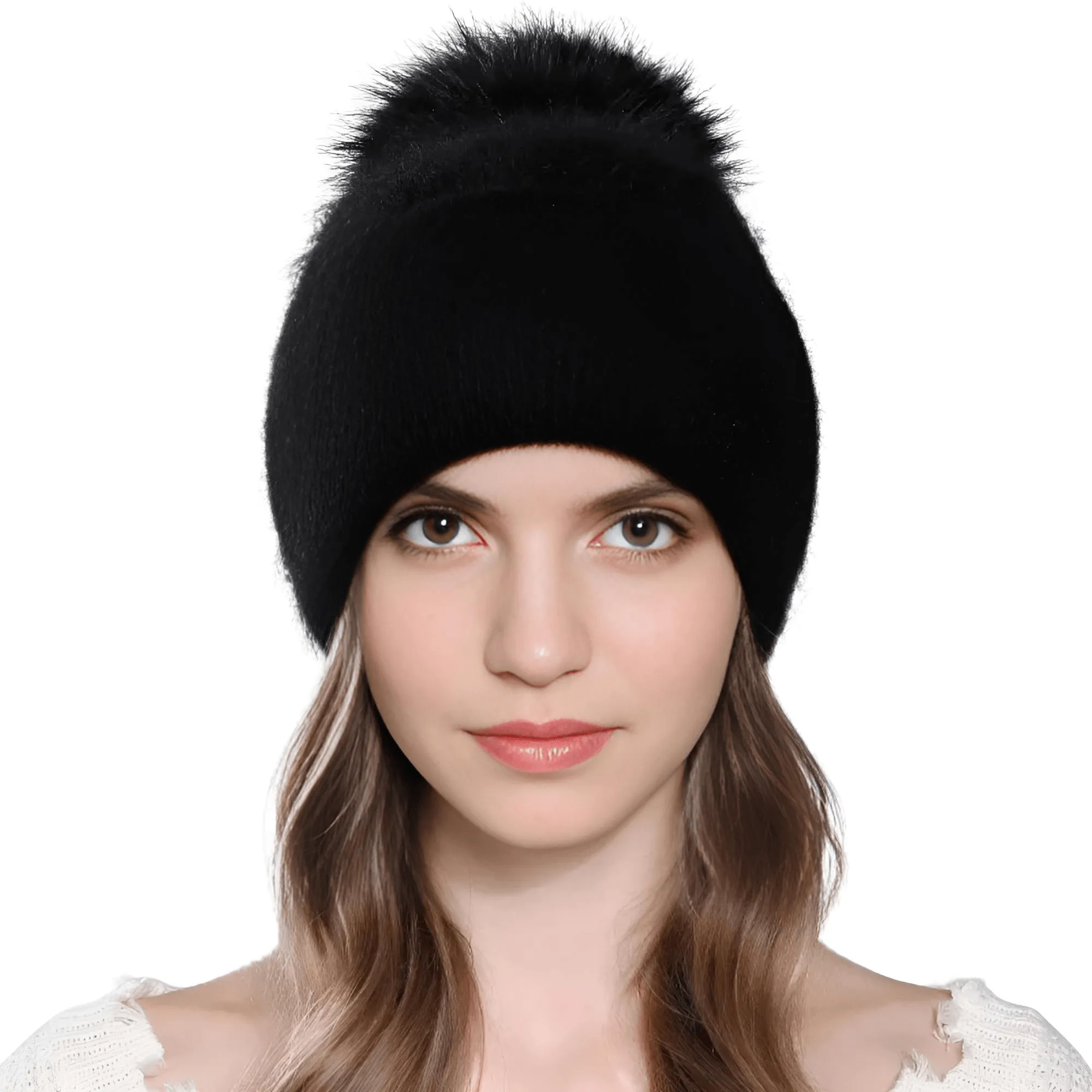 Natural Raccoon Fur Pompom Rabbit Fur Women's Angora Fur Hat Bonnet Women's Winter Hats