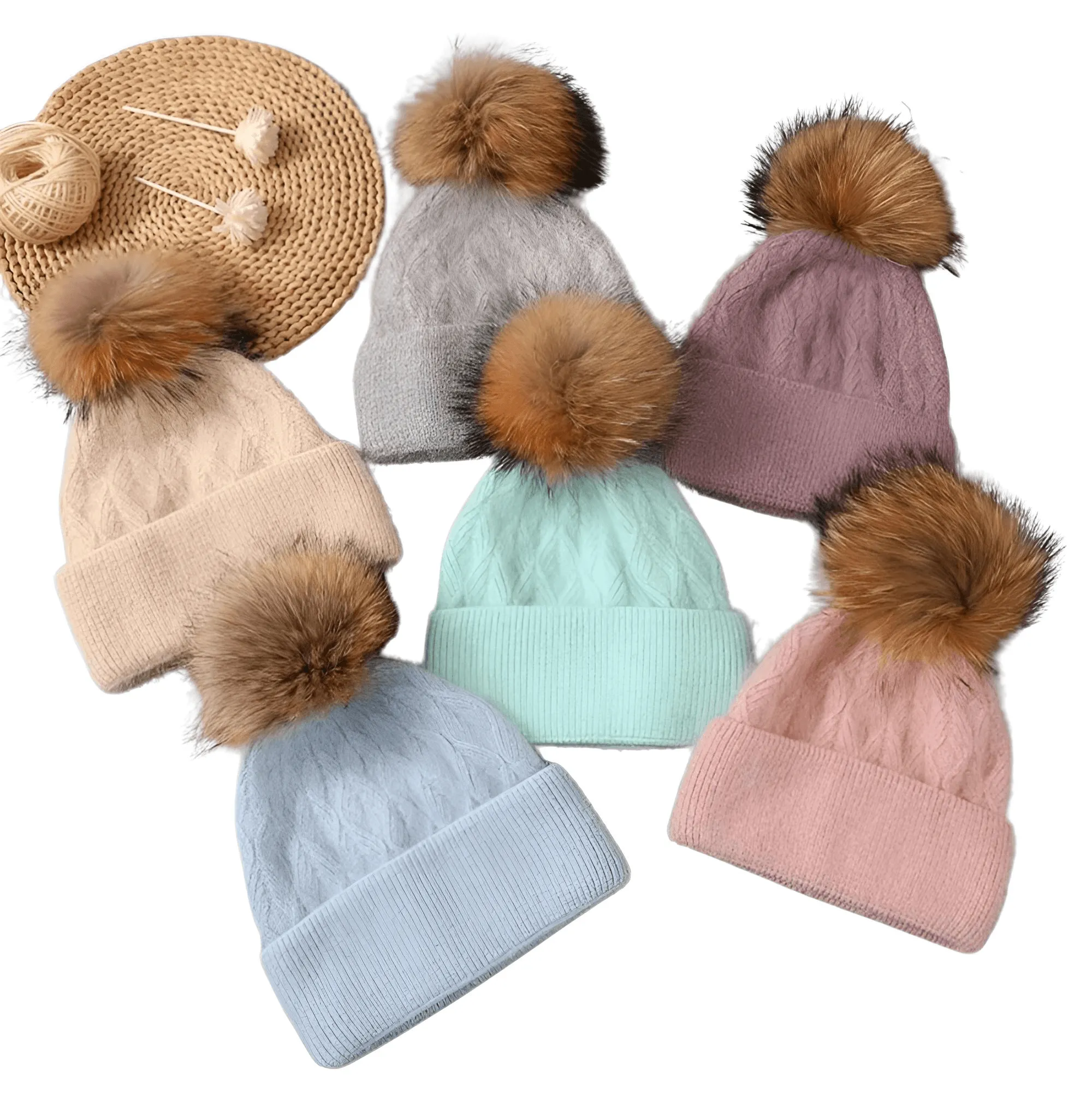 Natural Raccoon Fur Pompom Rabbit Fur Women's Angora Fur Hat Bonnet Women's Winter Hats