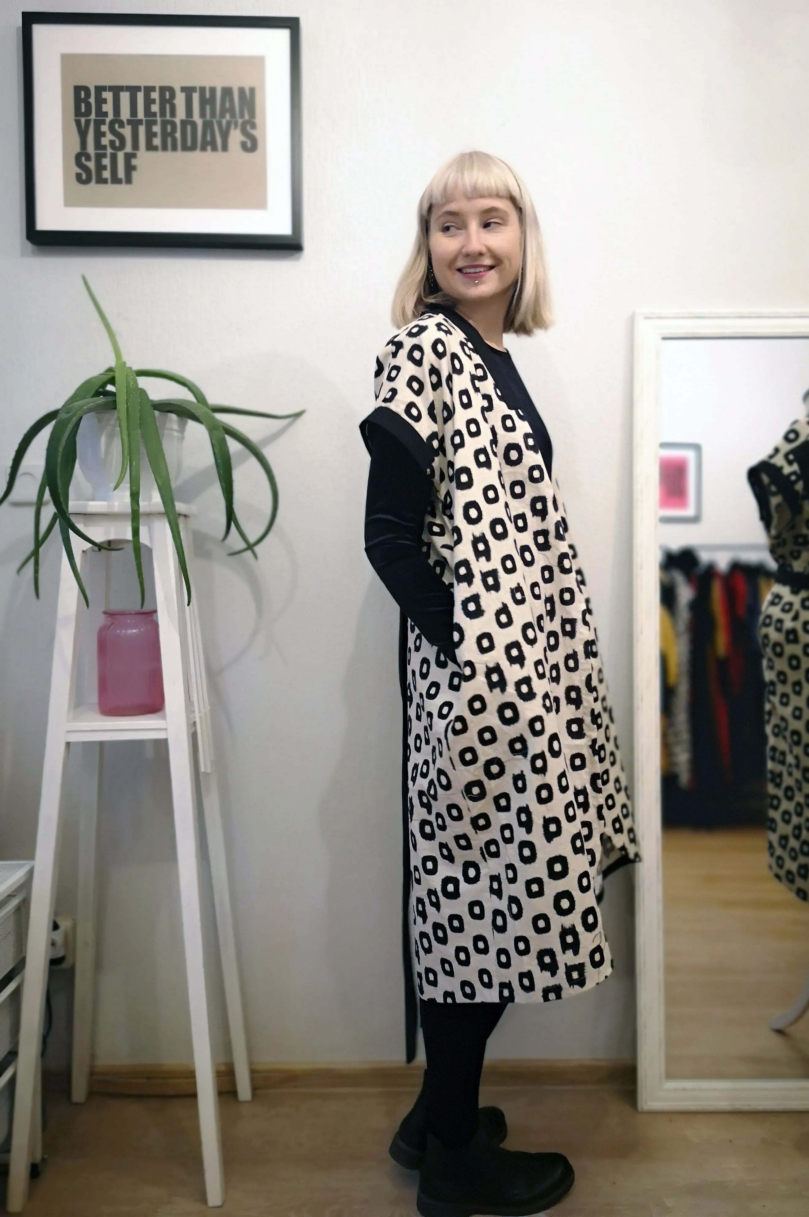 New Summer Safari Style Kimono Dress/ Vest made of Patterned and Black linen.