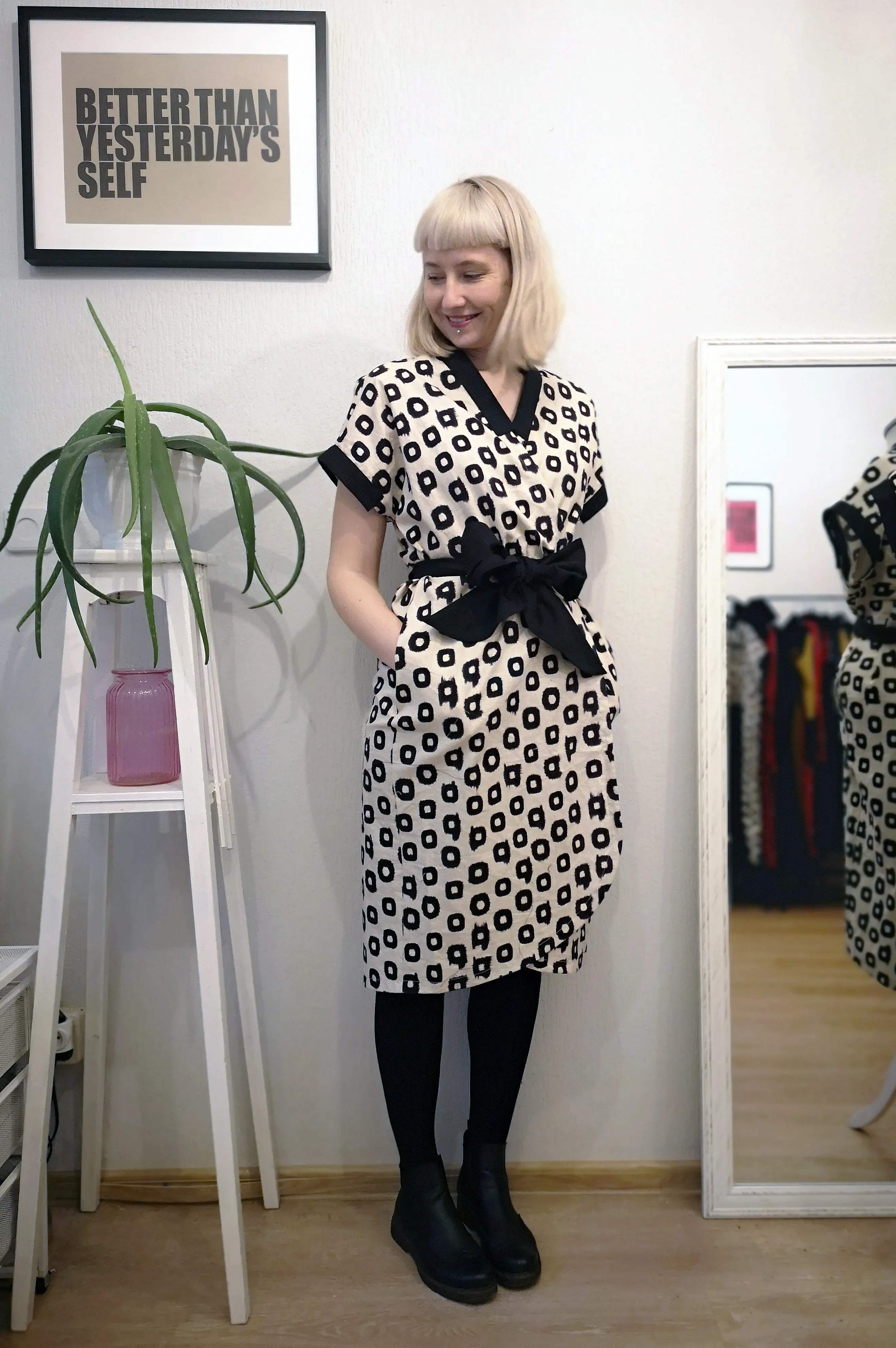 New Summer Safari Style Kimono Dress/ Vest made of Patterned and Black linen.