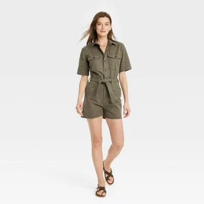 New - Women's Short Sleeve Denim Romper - Universal Thread Olive Green 14