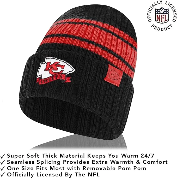 NFL Kansas City Chiefs Womens Super Soft Team Stripe Winter Beanie Knit Hat with Extra Warm Touch Screen Gloves|Kansas City Chiefs