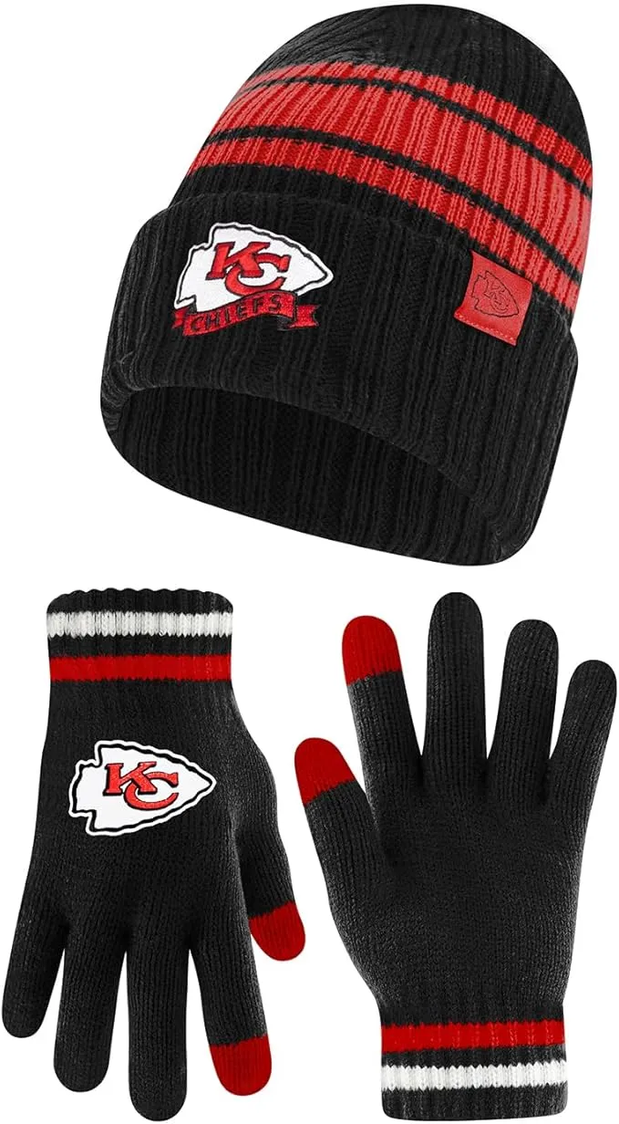 NFL Kansas City Chiefs Womens Super Soft Team Stripe Winter Beanie Knit Hat with Extra Warm Touch Screen Gloves|Kansas City Chiefs