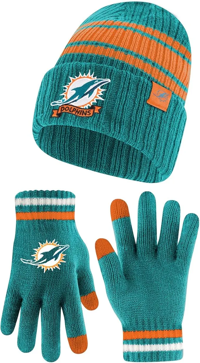 NFL Miami Dolphins Womens Super Soft Team Stripe Winter Beanie Knit Hat with Extra Warm Touch Screen Gloves|Miami Dolphins