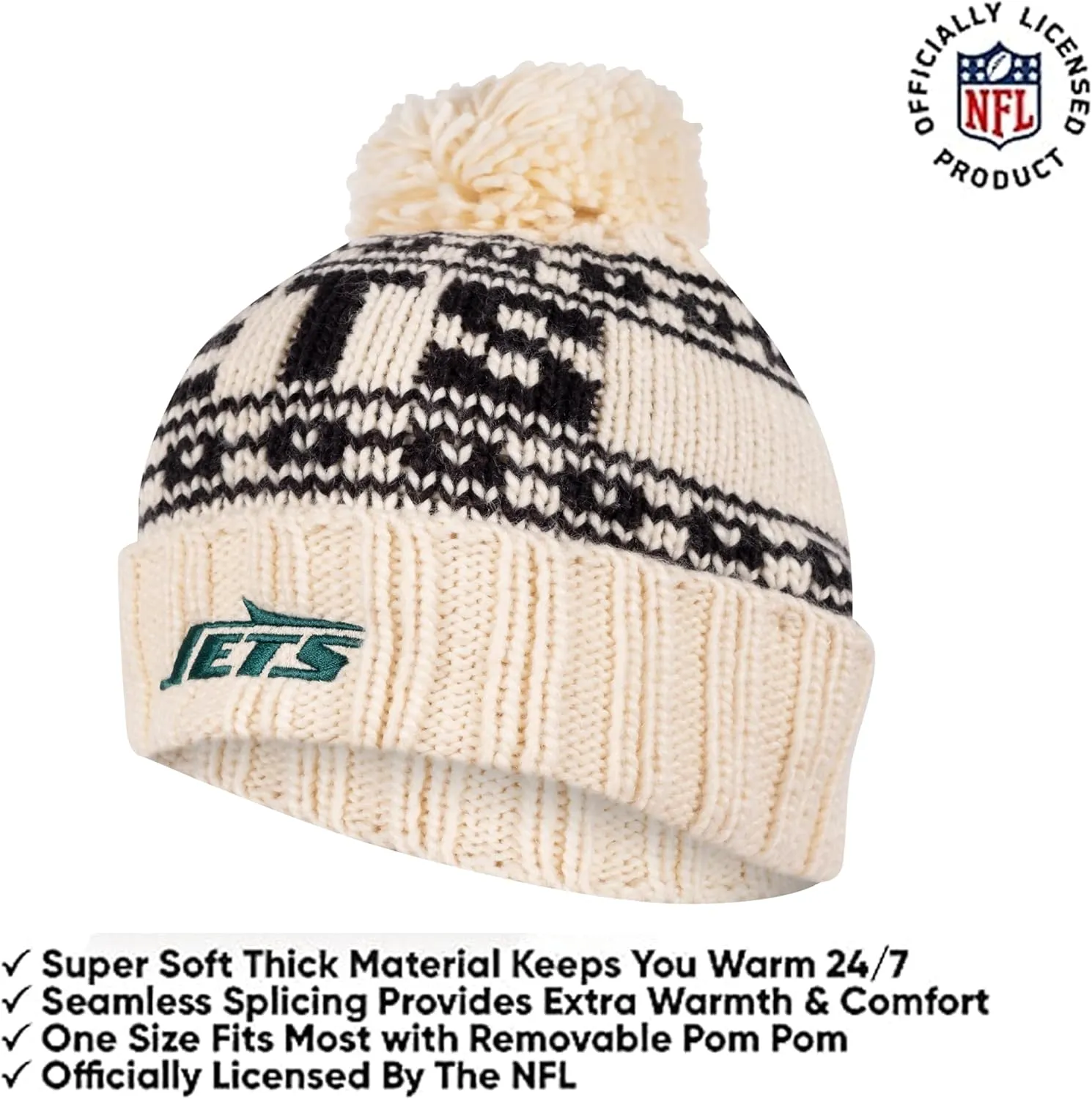 NFL Official Adults Super Soft Cable Knit Winter Beanie Knit Hat with Extra Warm Touch Screen Gloves|New York Jets