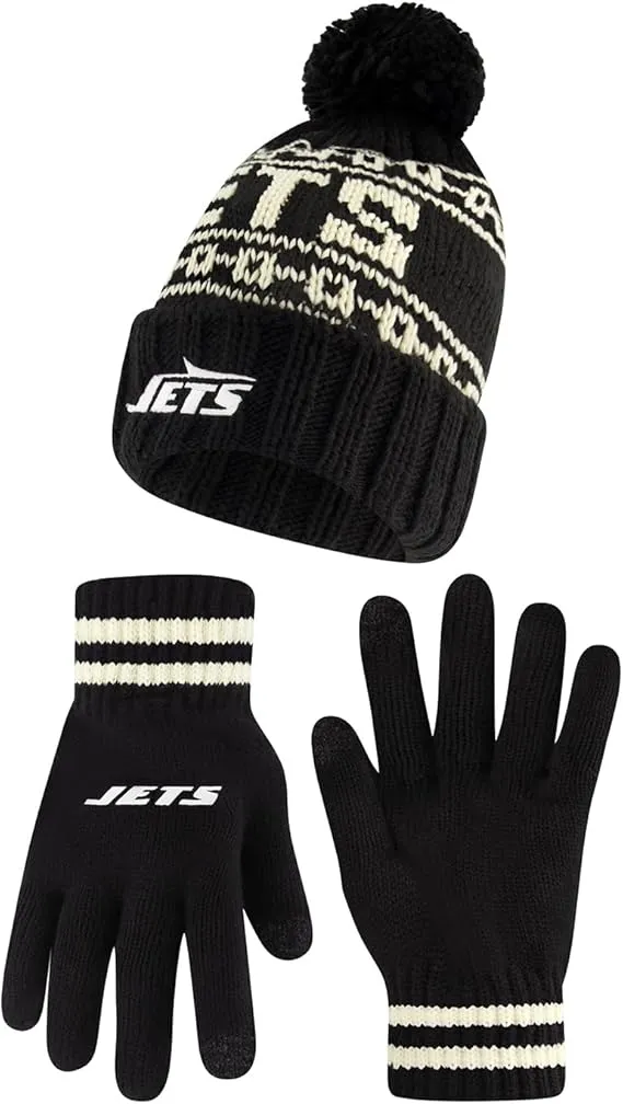 NFL Official Adults Super Soft Cable Knit Winter Beanie Knit Hat with Extra Warm Touch Screen Gloves|New York Jets