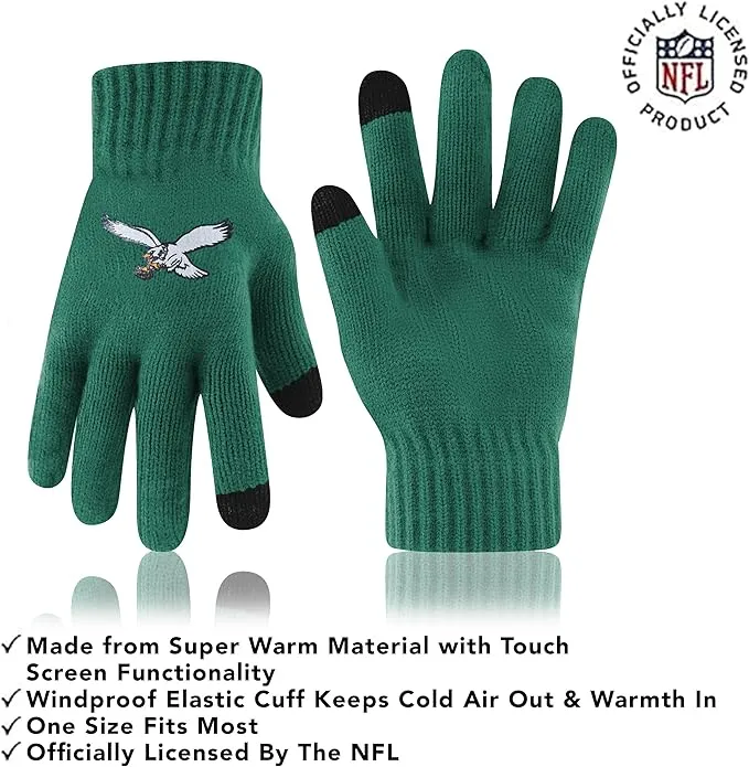 NFL Official Adults Super Soft Heritage Logo Winter Beanie Knit Hat with Extra Warm Touch Screen Gloves|Philadelphia Eagles