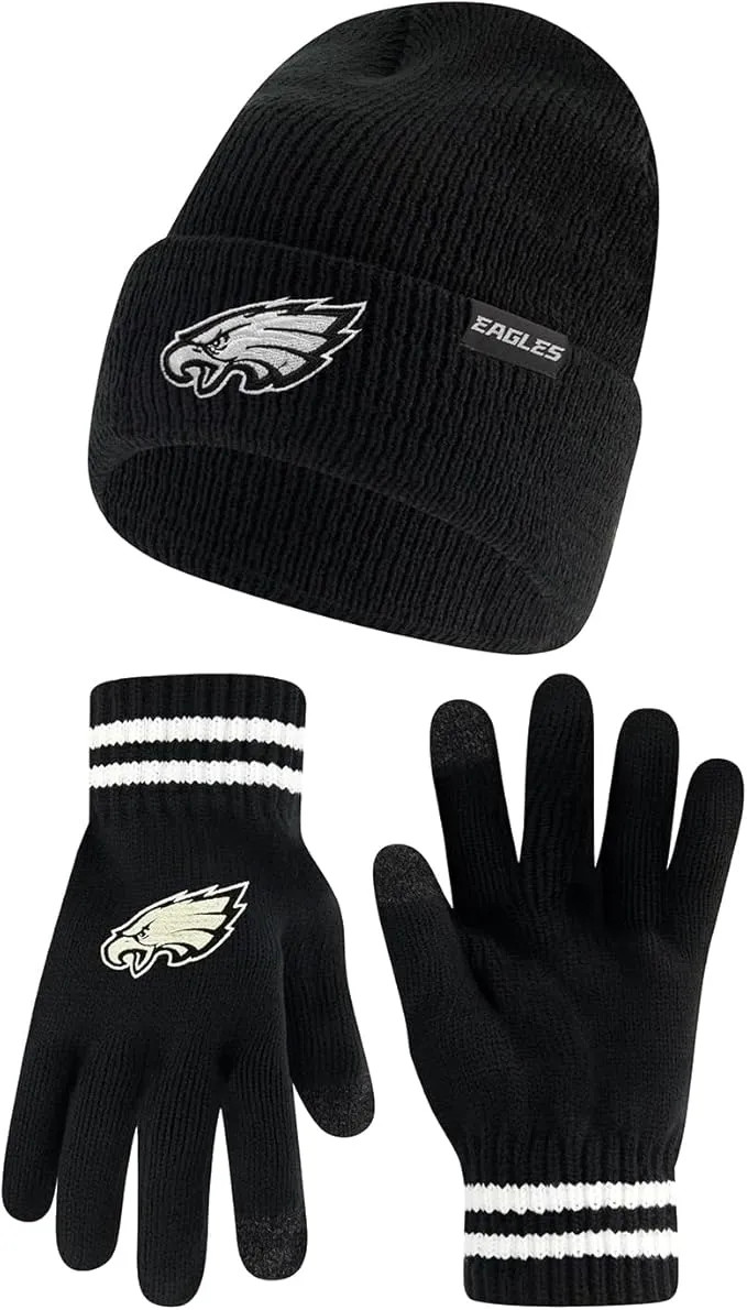 NFL Official Adults Super Soft Marled Winter Beanie Knit Hat with Extra Warm Touch Screen Gloves|Philadelphia Eagles