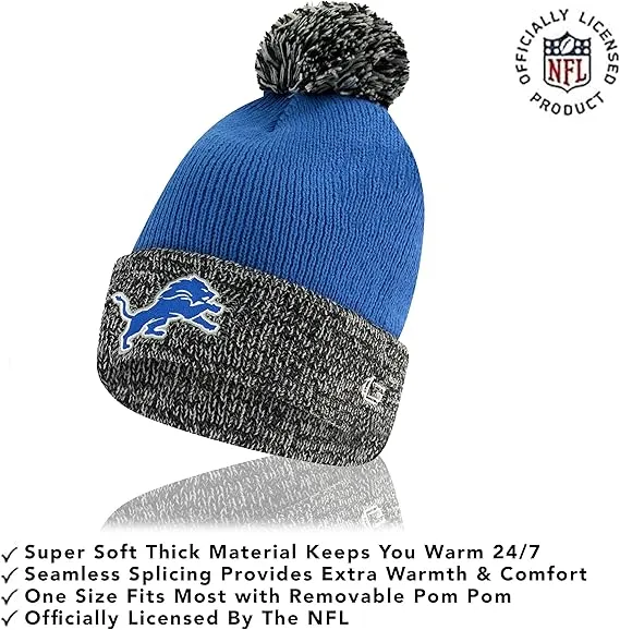 NFL Official Adults Super Soft Two Tone Winter Beanie Knit Hat with Extra Warm Touch Screen Gloves|Detroit Lions