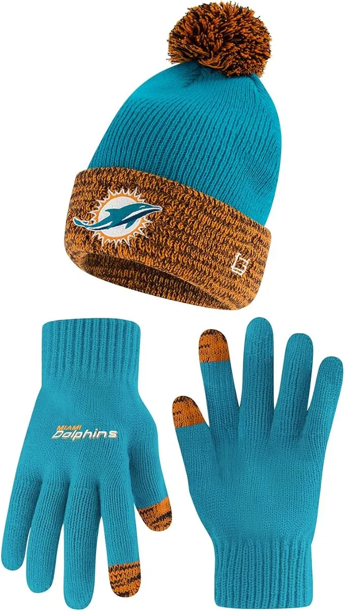 NFL Official Adults Super Soft Two Tone Winter Beanie Knit Hat with Extra Warm Touch Screen Gloves|Miami Dolphins