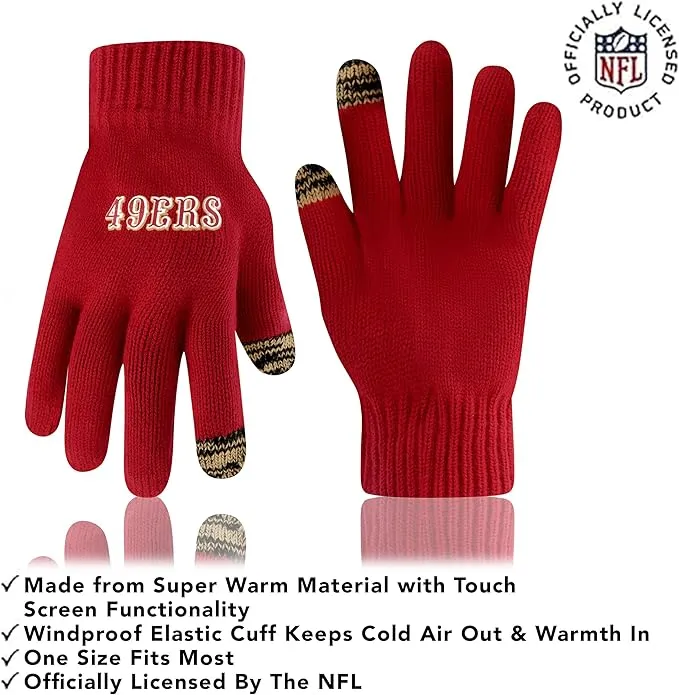 NFL Official Adults Super Soft Two Tone Winter Beanie Knit Hat with Extra Warm Touch Screen Gloves|San Francisco 49ers