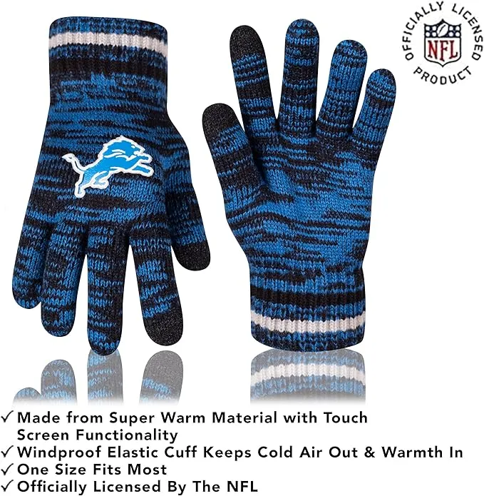 NFL Official Super Soft Marl Knit Winter Beanie Knit Hat with Extra Warm Touch Screen Gloves|Detroit Lions