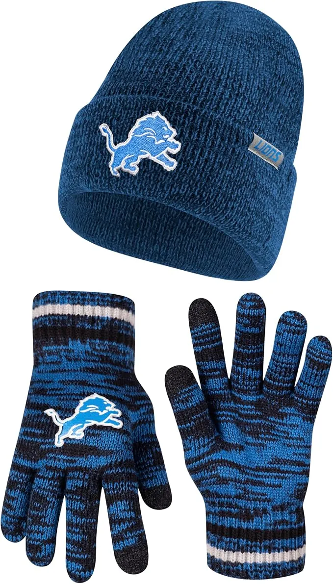 NFL Official Super Soft Marl Knit Winter Beanie Knit Hat with Extra Warm Touch Screen Gloves|Detroit Lions