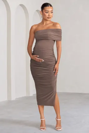 Odelia | Mocha Maternity Midi Dress with Asymmetric Sleeve and Side Split