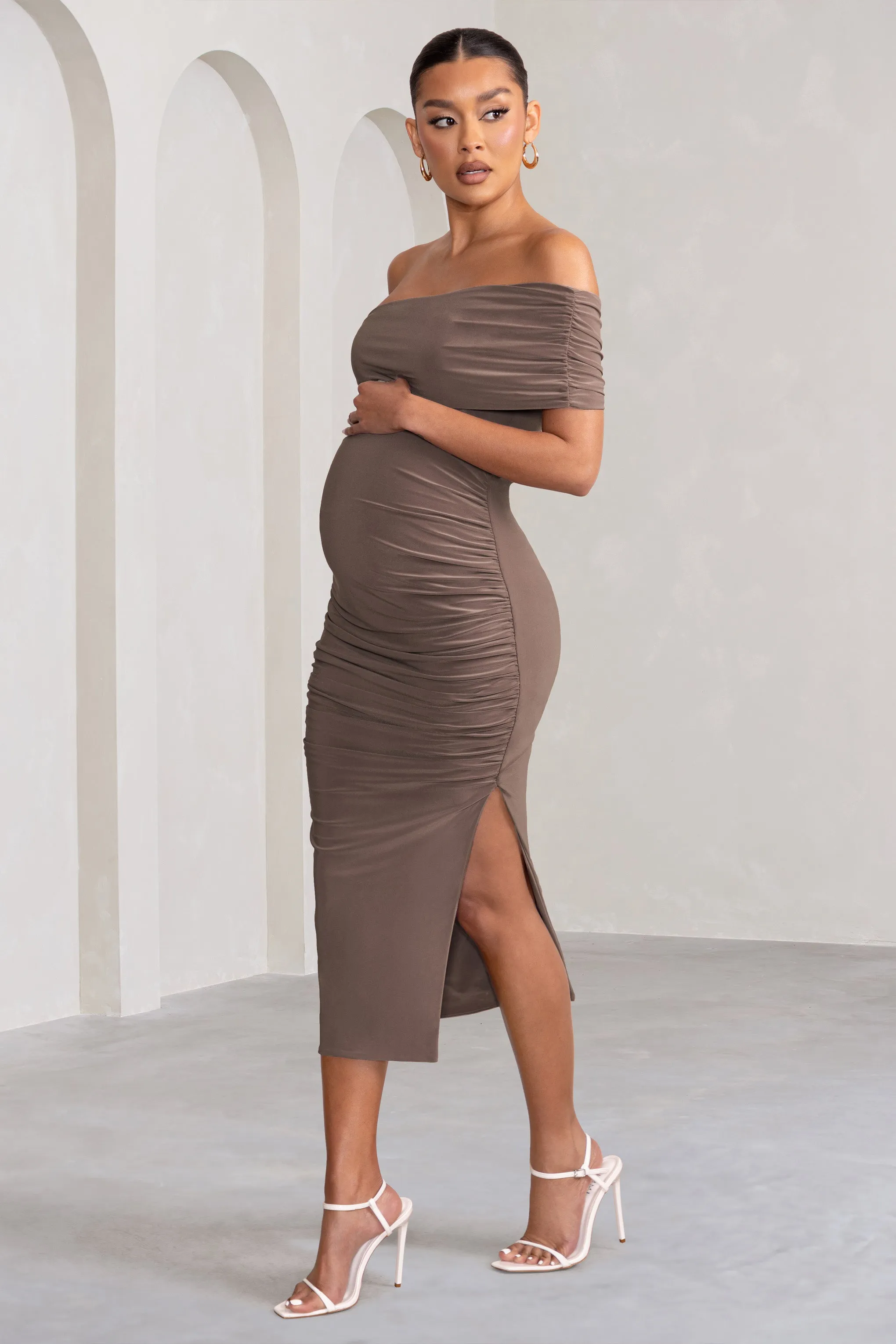 Odelia | Mocha Maternity Midi Dress with Asymmetric Sleeve and Side Split