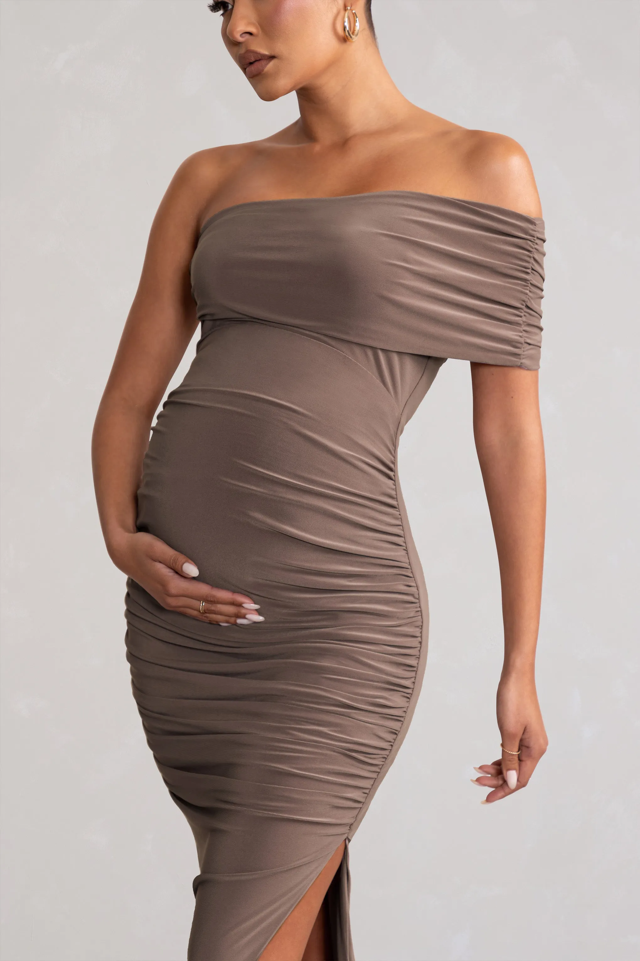 Odelia | Mocha Maternity Midi Dress with Asymmetric Sleeve and Side Split