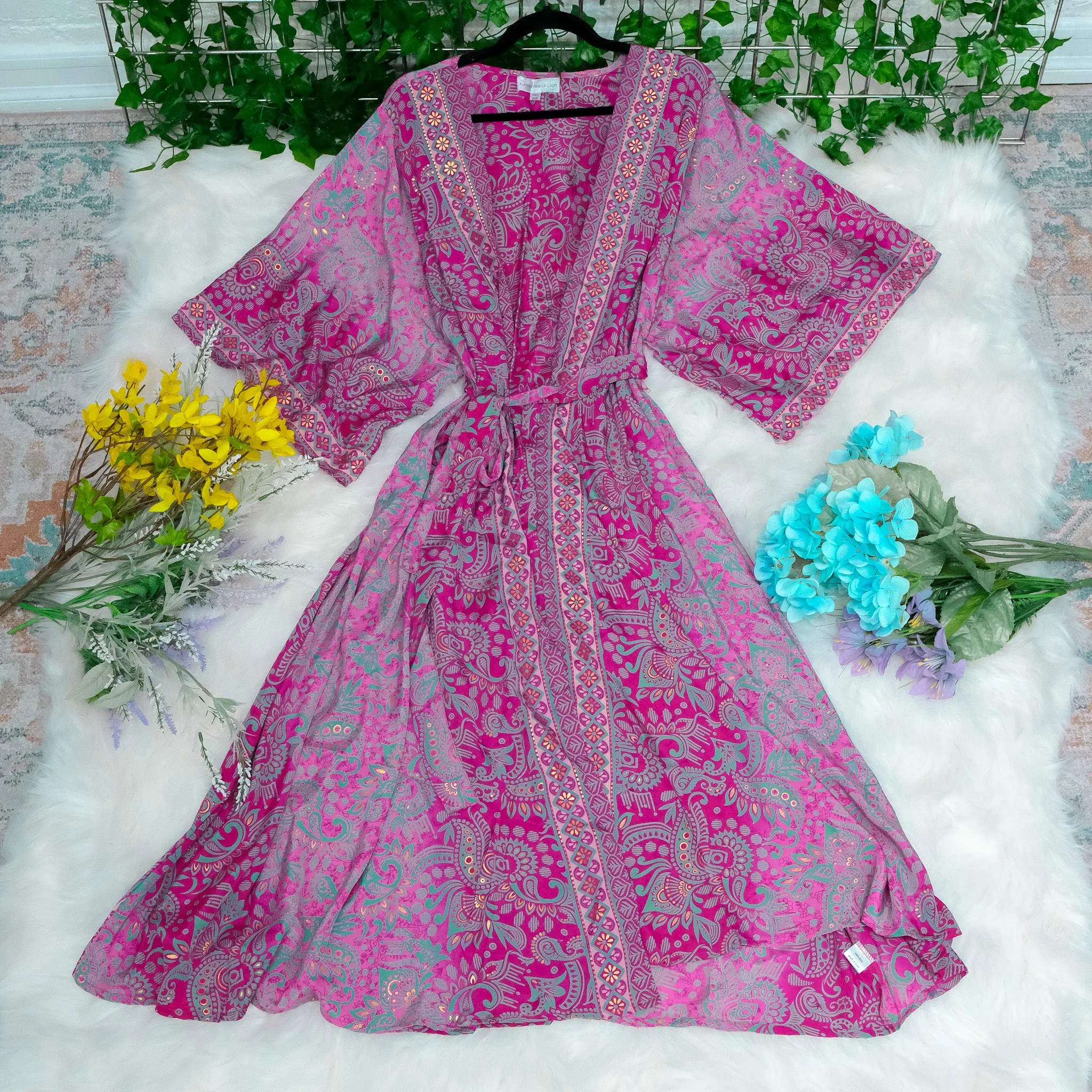 Paisley Recycled Silk Long Kimono with Pockets