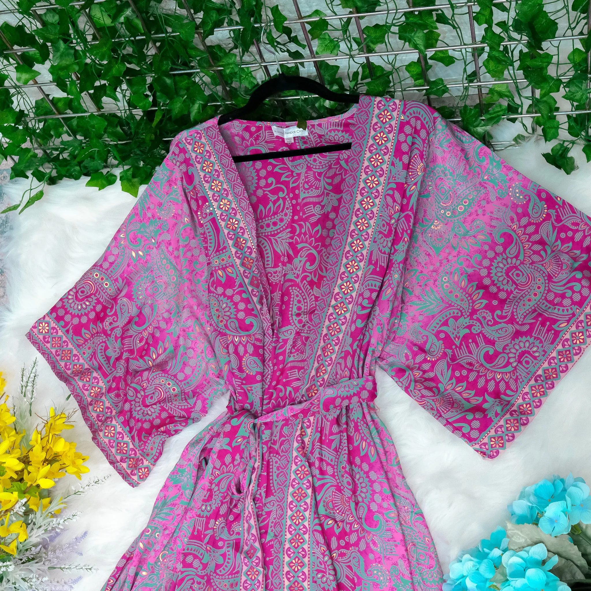 Paisley Recycled Silk Long Kimono with Pockets