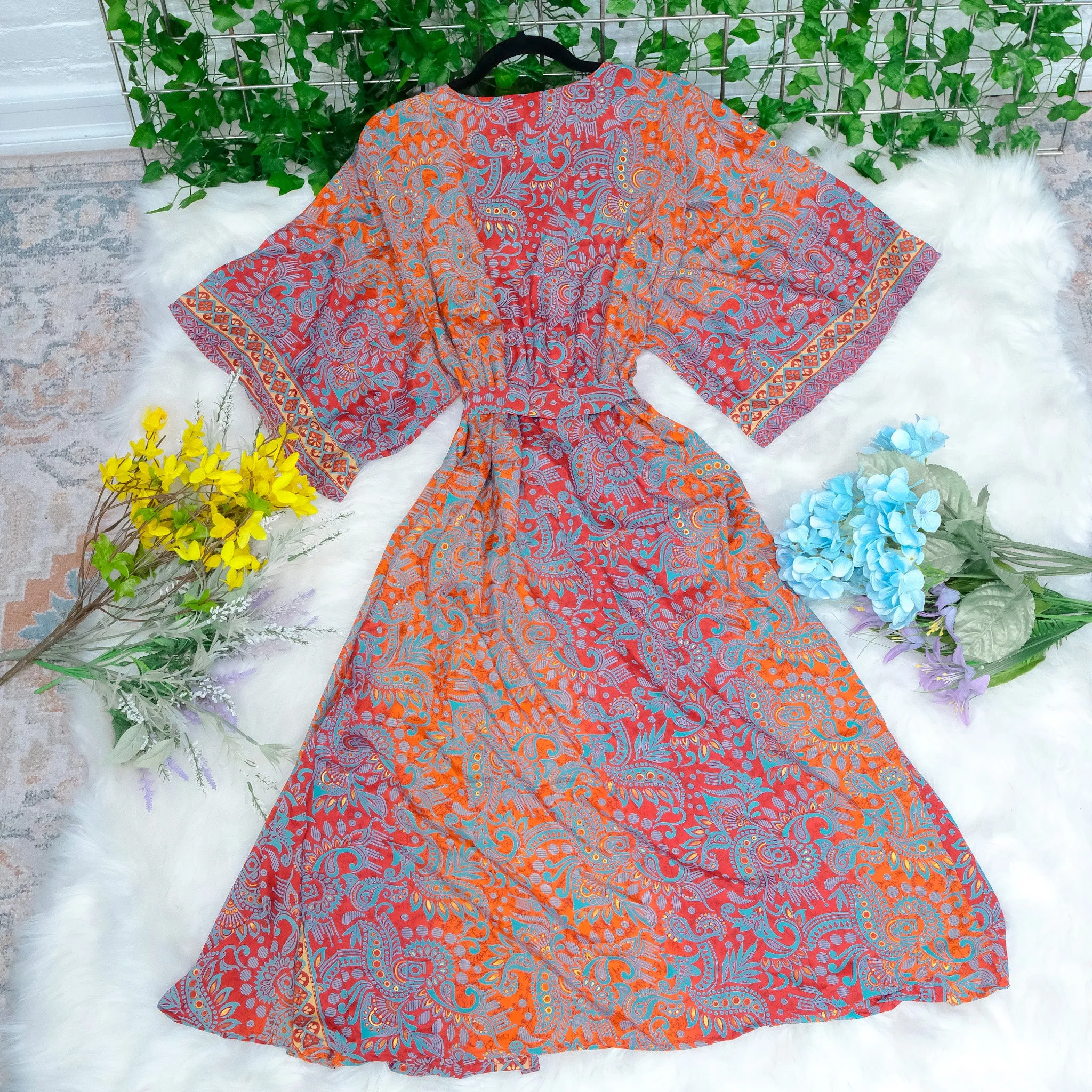 Paisley Recycled Silk Long Kimono with Pockets