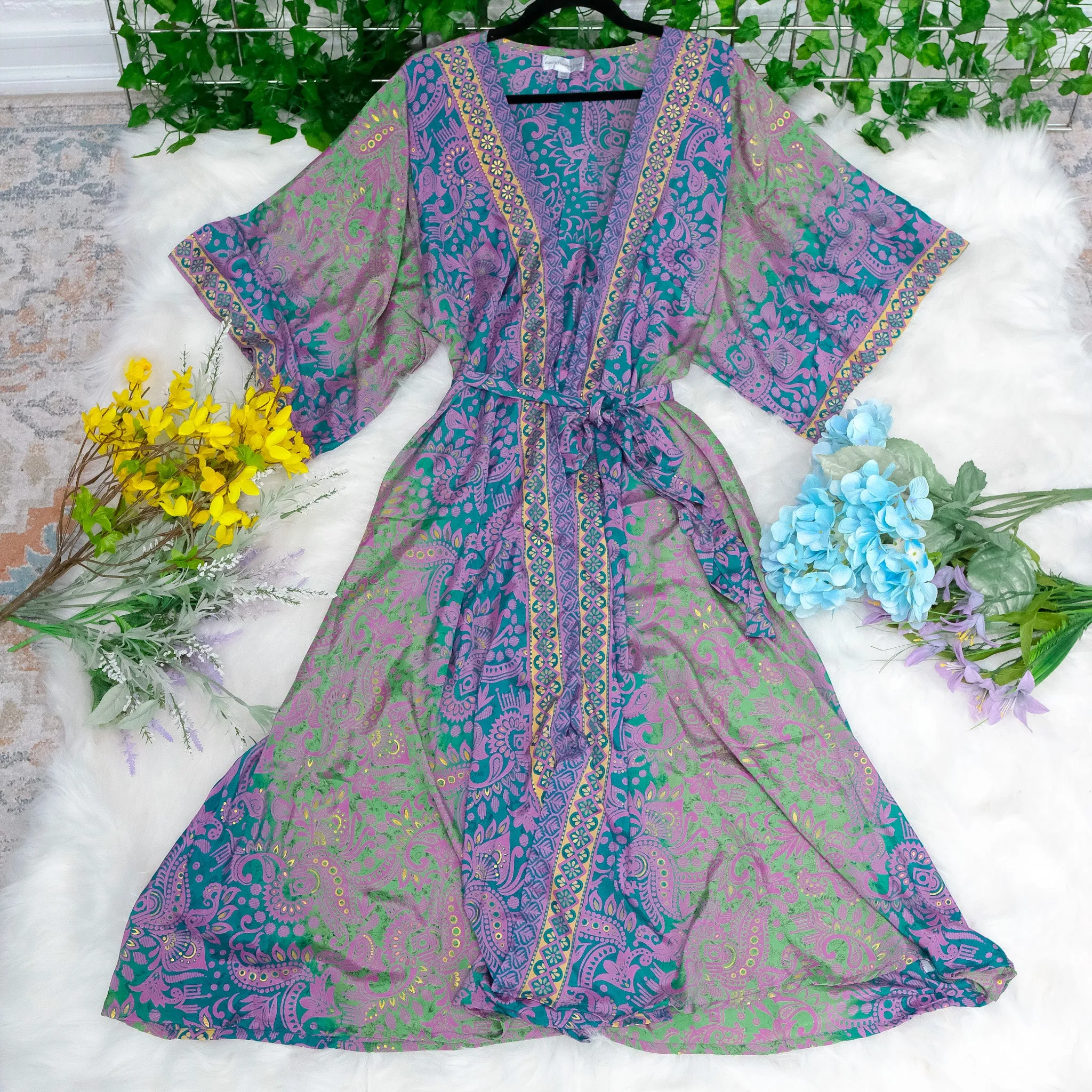 Paisley Recycled Silk Long Kimono with Pockets