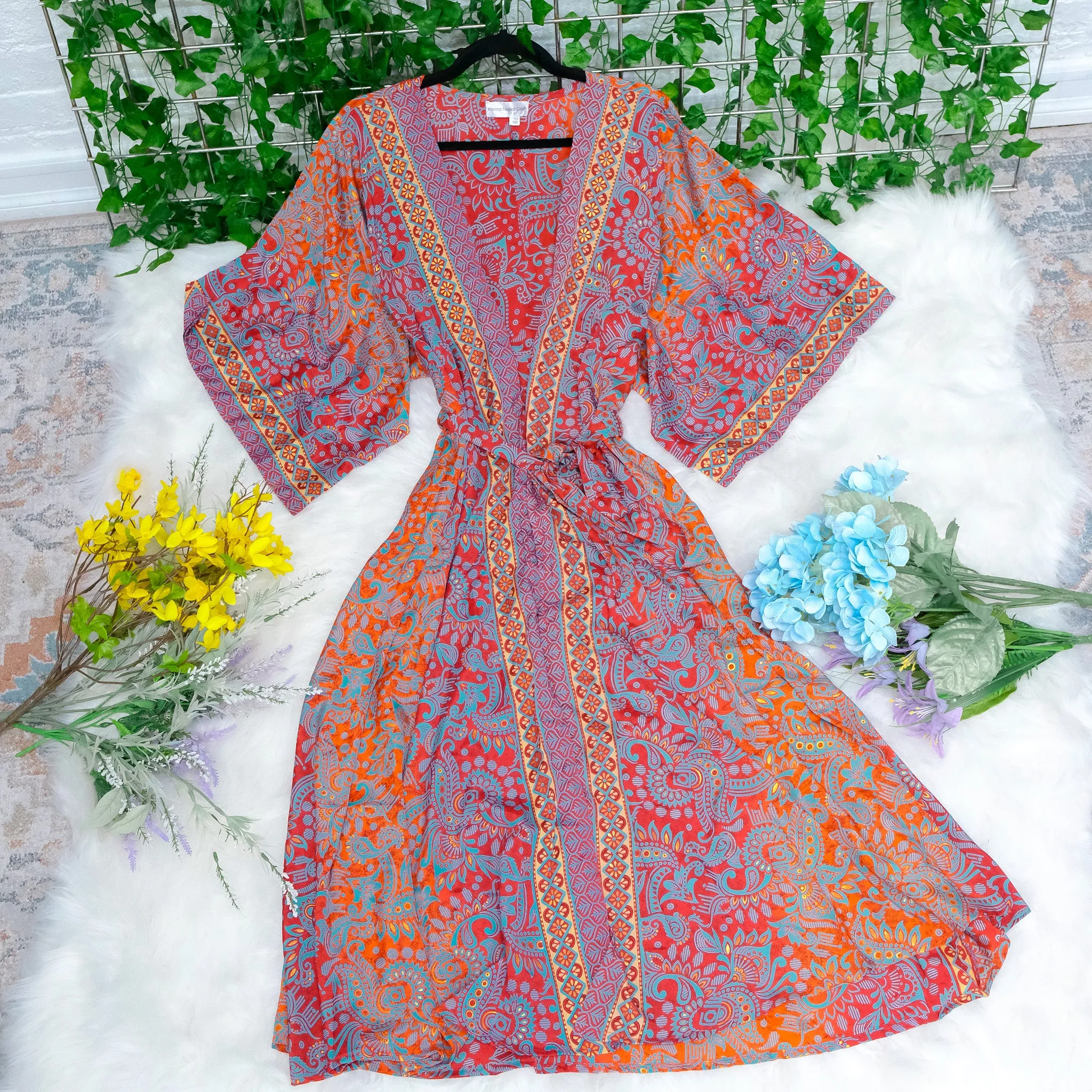 Paisley Recycled Silk Long Kimono with Pockets