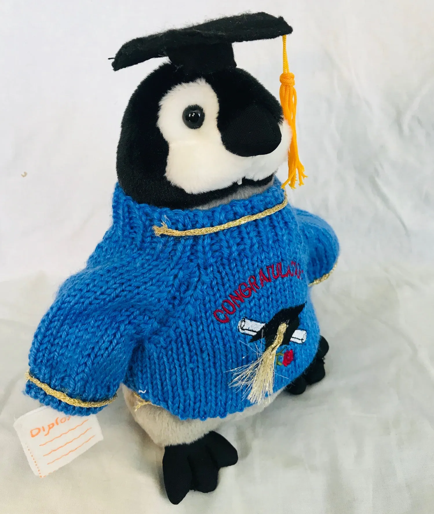 Penguin Graduation Blue Sweater Plush with Cap and Diploma (10" Tall)